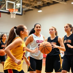 College women's basketball team practicing