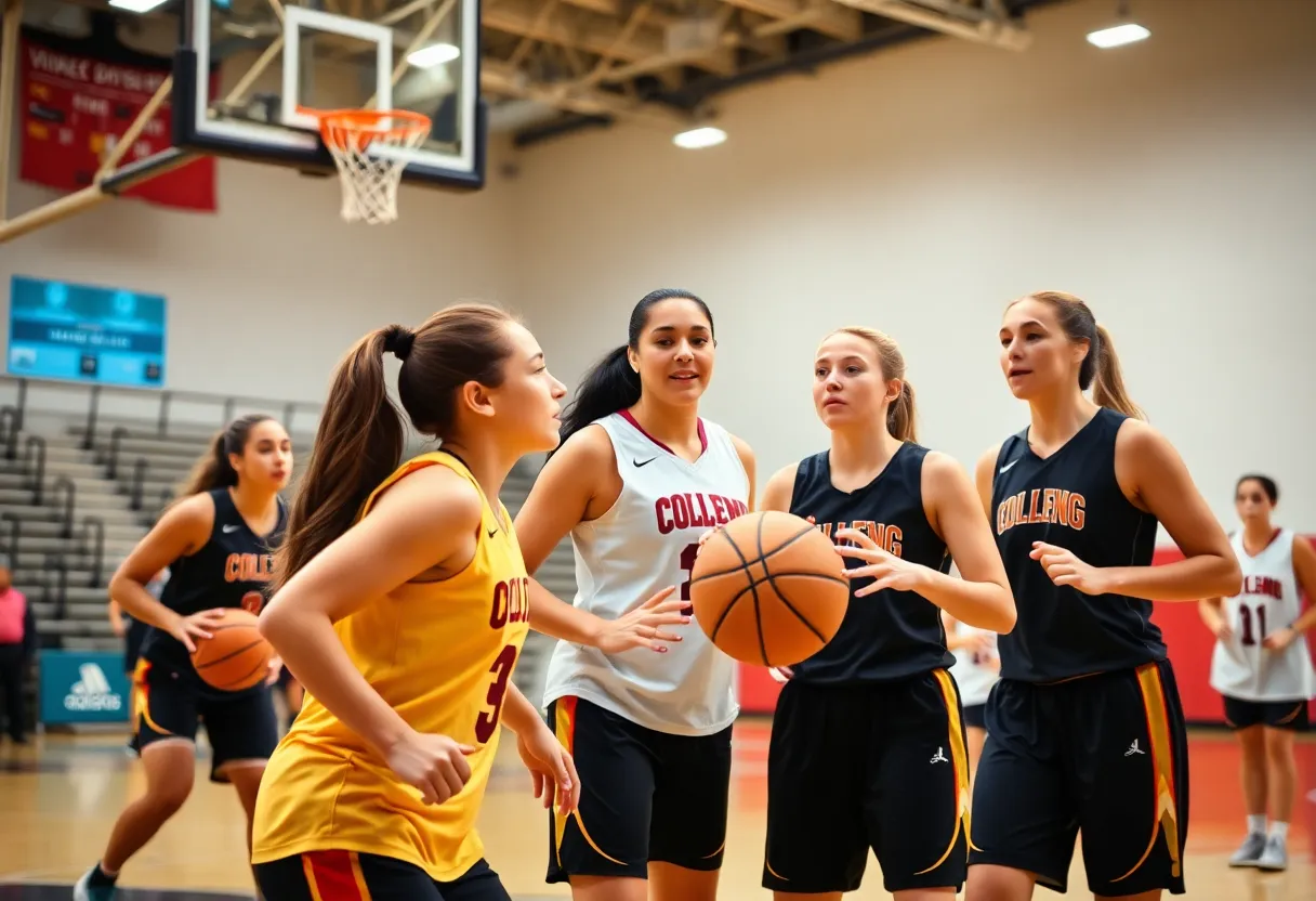 College women's basketball team practicing