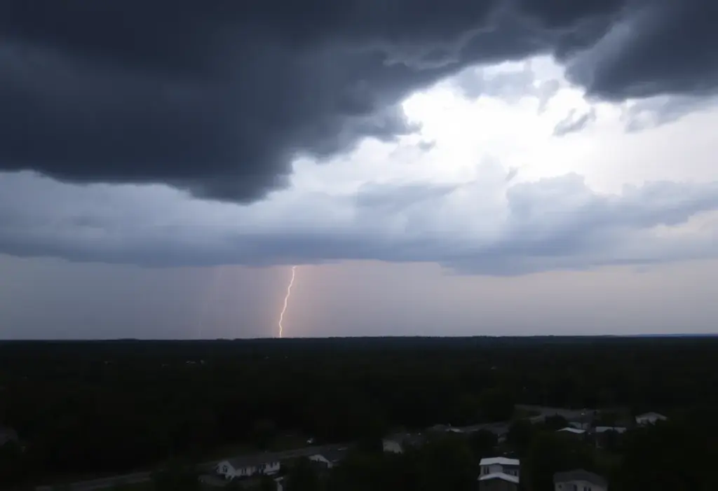 Dark storm clouds over Clinton, SC with rain falling
