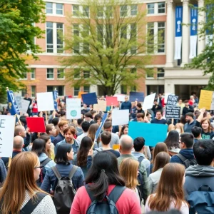 Students gathering at a university campus after the shooting incident.