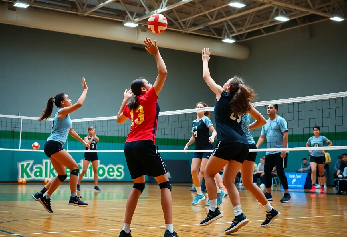 CSU Volleyball players competing in a match against SCSU