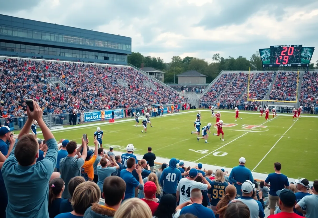 High school football game between Daniel Lions and Clinton Red Devils at Wilder Stadium.