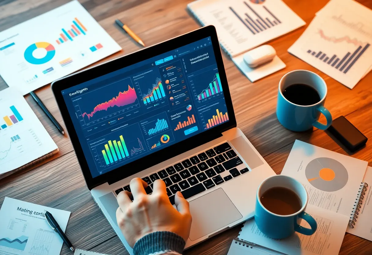 A laptop showing colorful data visualizations related to digital marketing on a workspace.