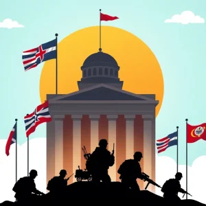 Conceptual illustration representing the Department of War with military symbols.