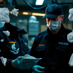 Representation of a drug trafficking operation with law enforcement presence.