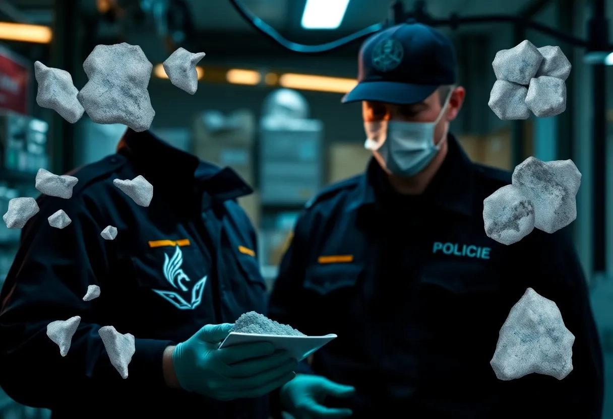 Representation of a drug trafficking operation with law enforcement presence.