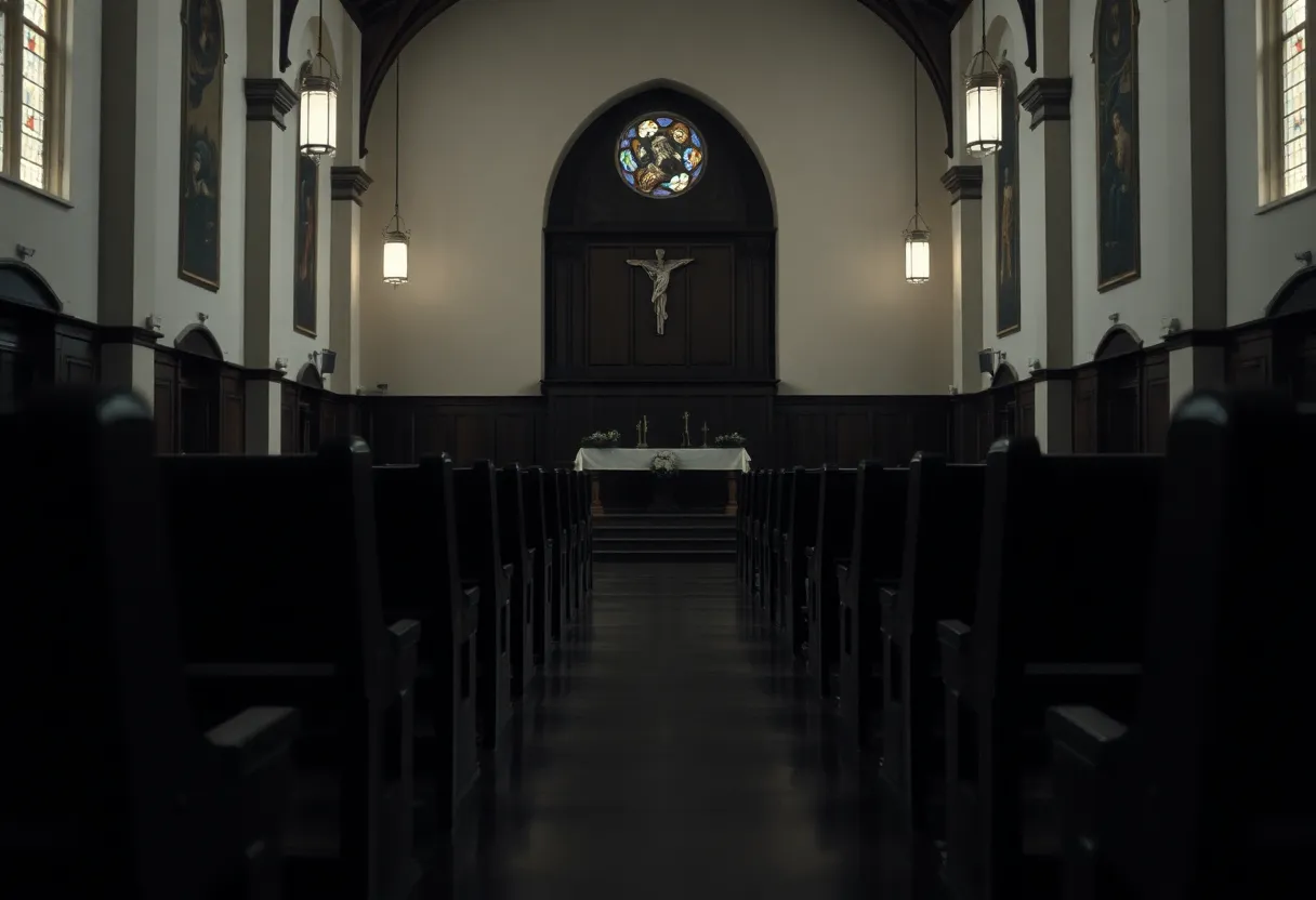 Interior view of an empty church with dim lighting.