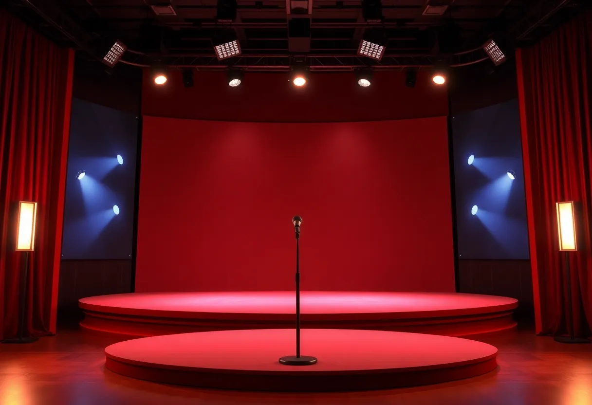 An empty stage of a late-night talk show with a microphone, symbolizing the debate on free speech.