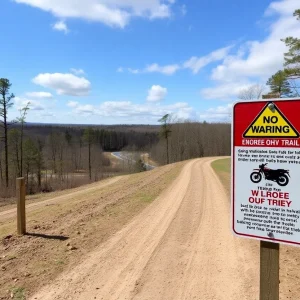 Enoree OHV Trail with dirt bike tracks and safety signage.