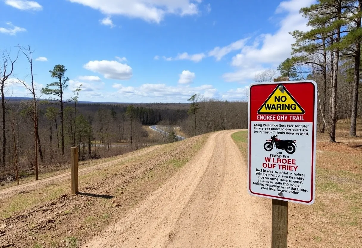 Enoree OHV Trail with dirt bike tracks and safety signage.