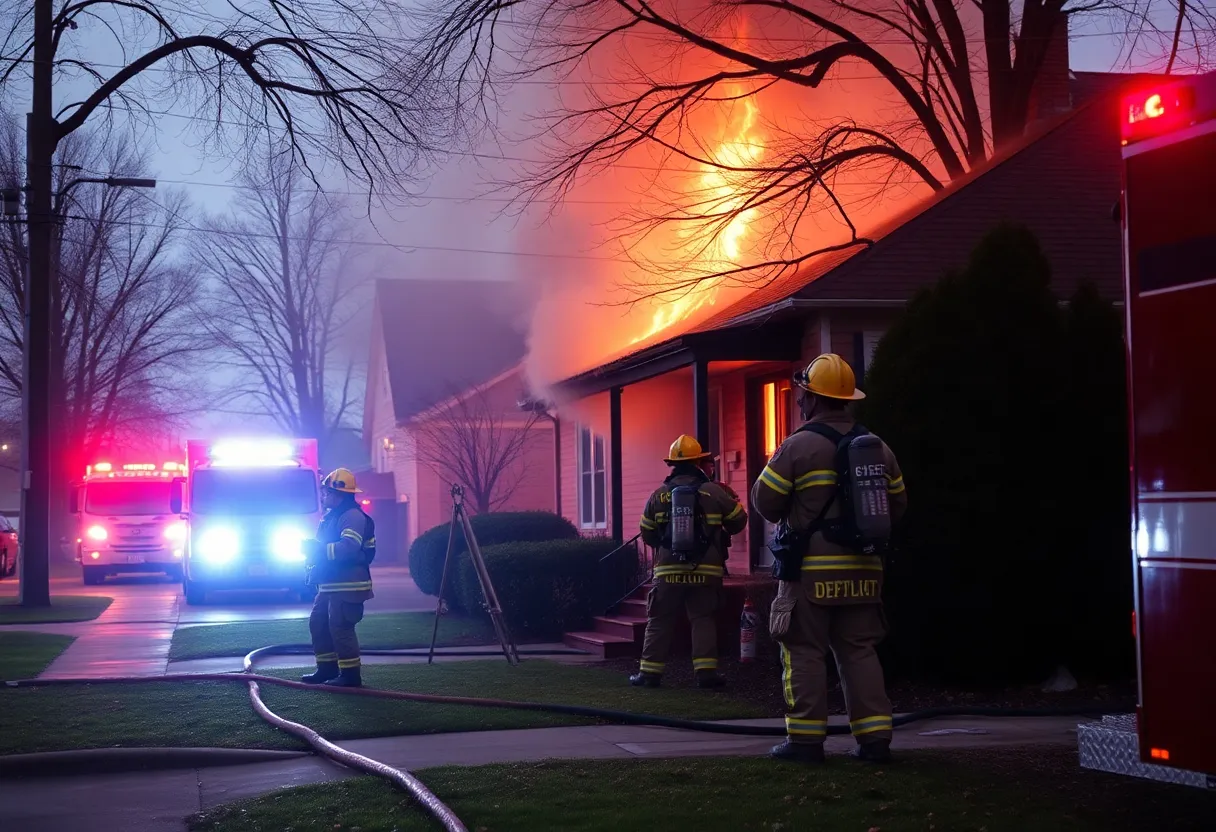Firefighters battling a house fire with emergency vehicles nearby