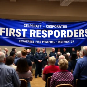 Community event honoring first responders with attendees and decorations