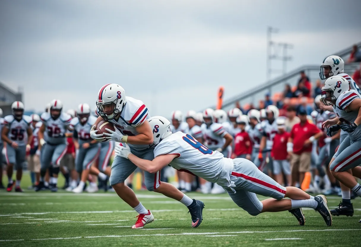 High school football linebacker making a tackle during a game