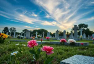 Graveside scene with a beautiful arrangement of flowers