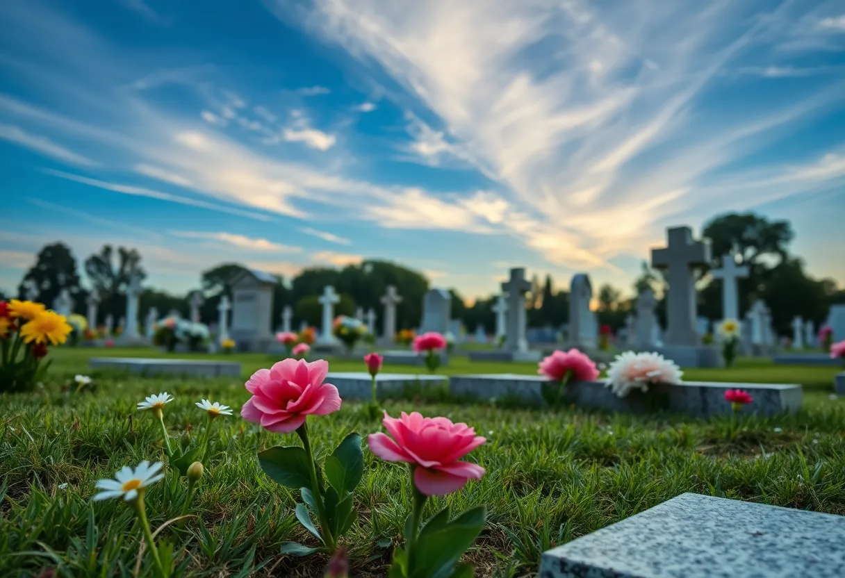 Graveside scene with a beautiful arrangement of flowers