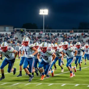 High school football players competing on the field during a game