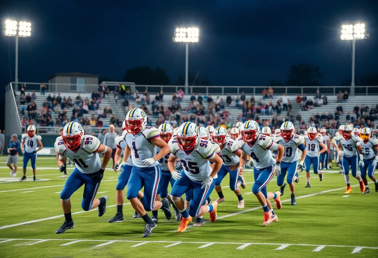 High school football players competing on the field during a game