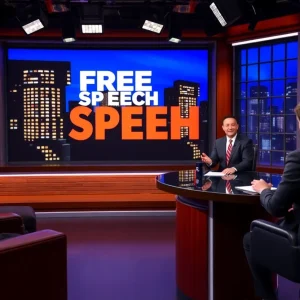 Television studio symbolizing late-night comedy and censorship theme