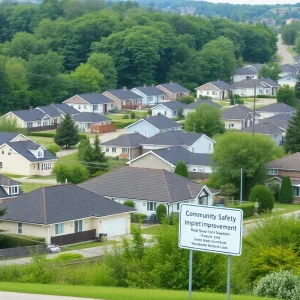 Aerial view of clustered houses in Laurens County showing a mix of residential areas and green public spaces.