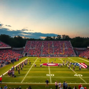 Football teams playing in Laurens County stadium under evening lights