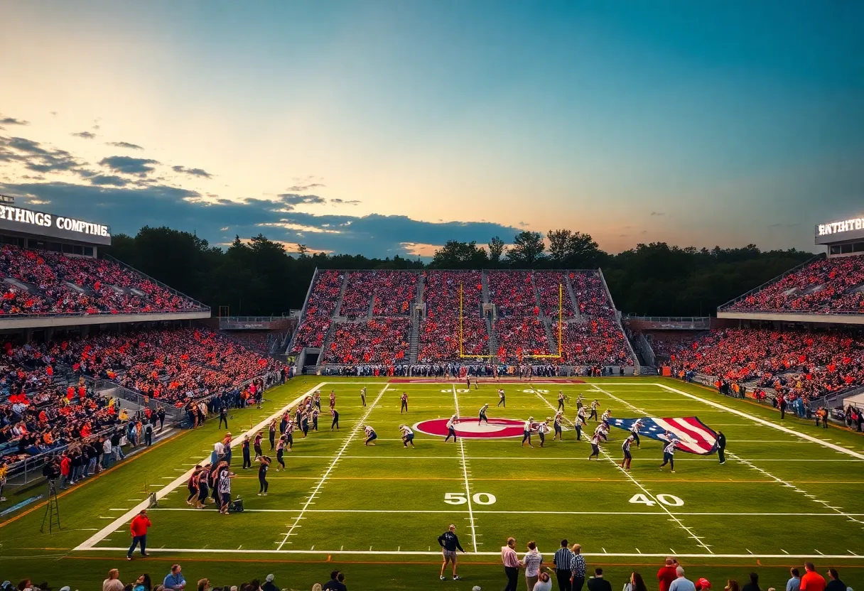 Football teams playing in Laurens County stadium under evening lights