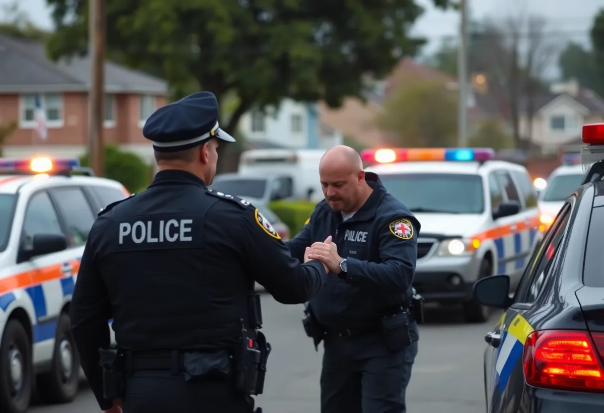 Police conducting an arrest in a city neighborhood