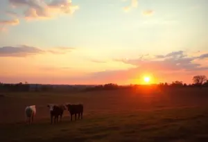 A sunset over a peaceful farm with grazing cattle.