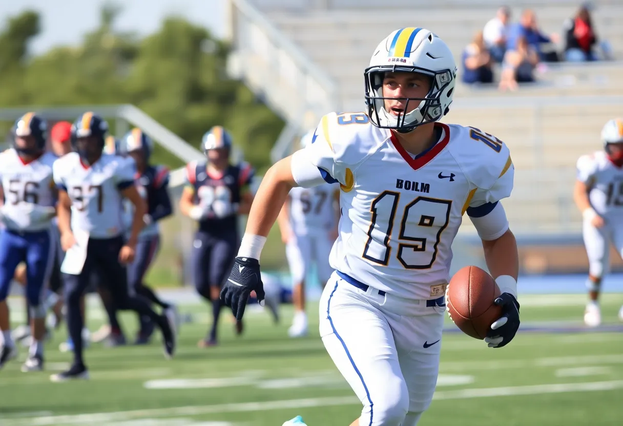High school football player running with the football on the field