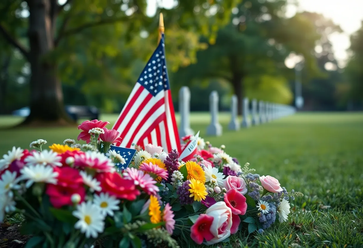 A tribute with flowers and an American flag in memory of Stan Power