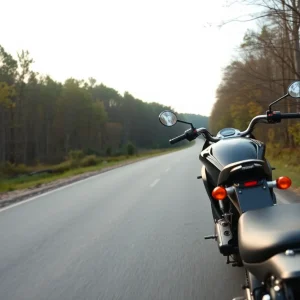 Motorcycle parked on a scenic road with trees in Laurens County