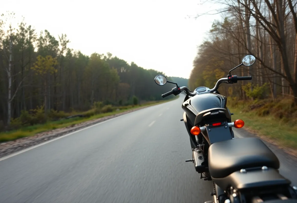 Motorcycle parked on a scenic road with trees in Laurens County