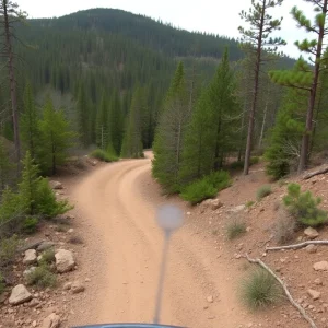 An off-road trail surrounded by trees and rugged terrain in Sumter National Forest