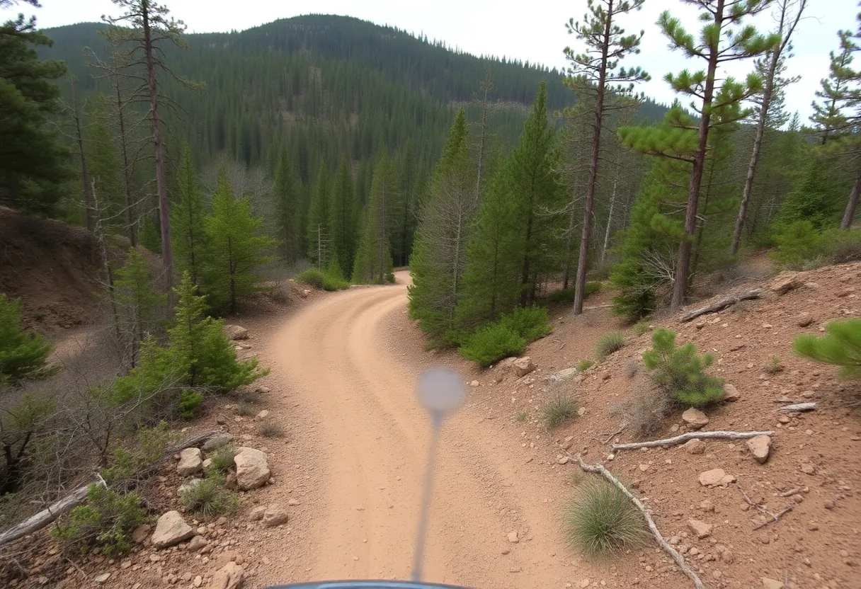 An off-road trail surrounded by trees and rugged terrain in Sumter National Forest