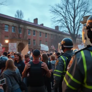 Police investigating a scene at a university rally following a shooting incident