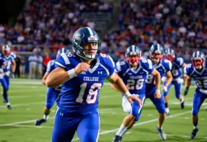Players from Presbyterian College football team in action during a game.