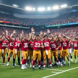 Team celebrating victory on the football field