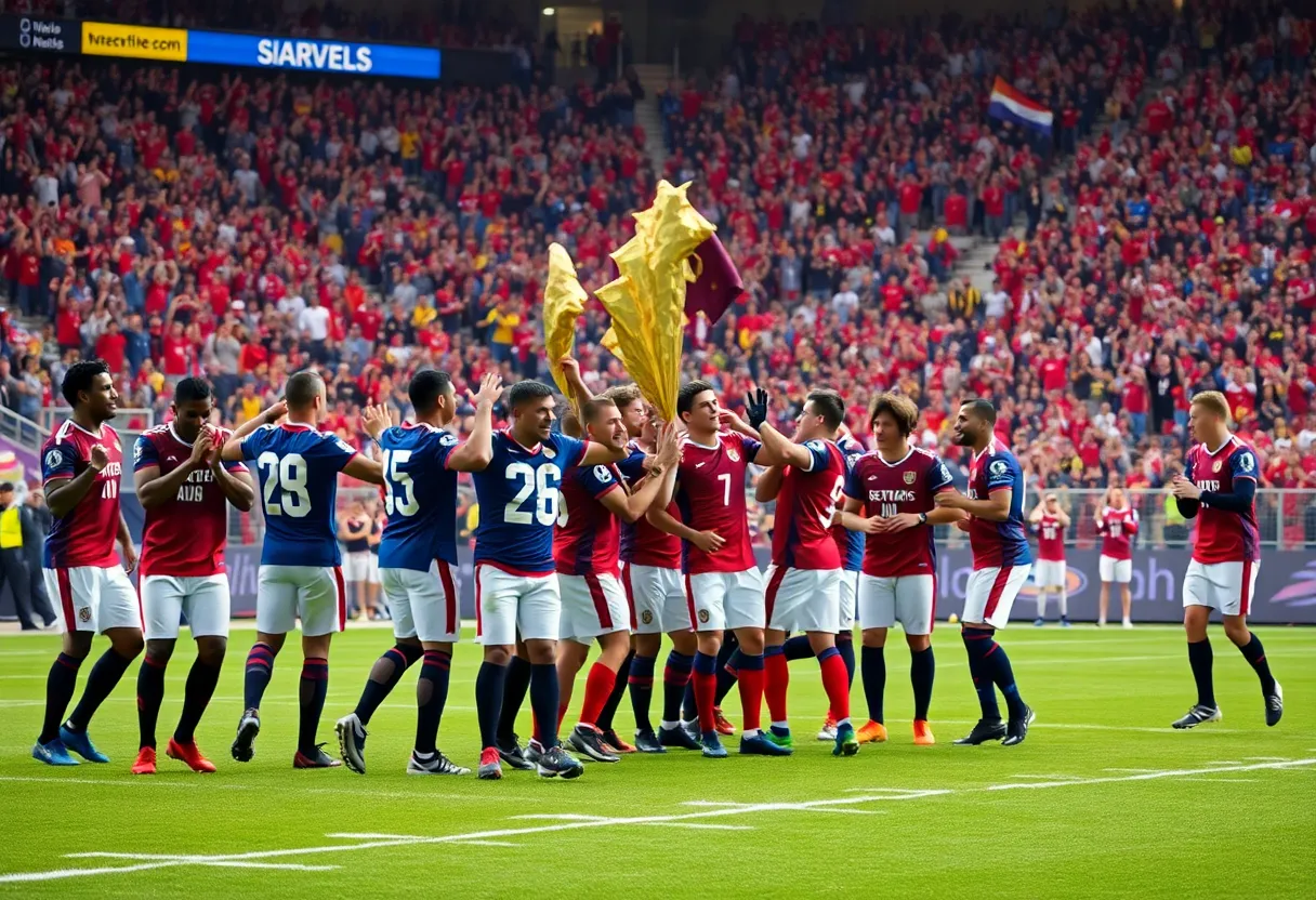 Team celebrating victory on the football field