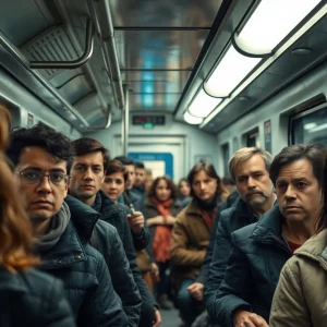 Passengers in a train looking anxious about safety
