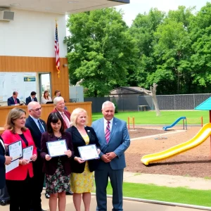 Board meeting recognizing contributions to education and playground upgrades.