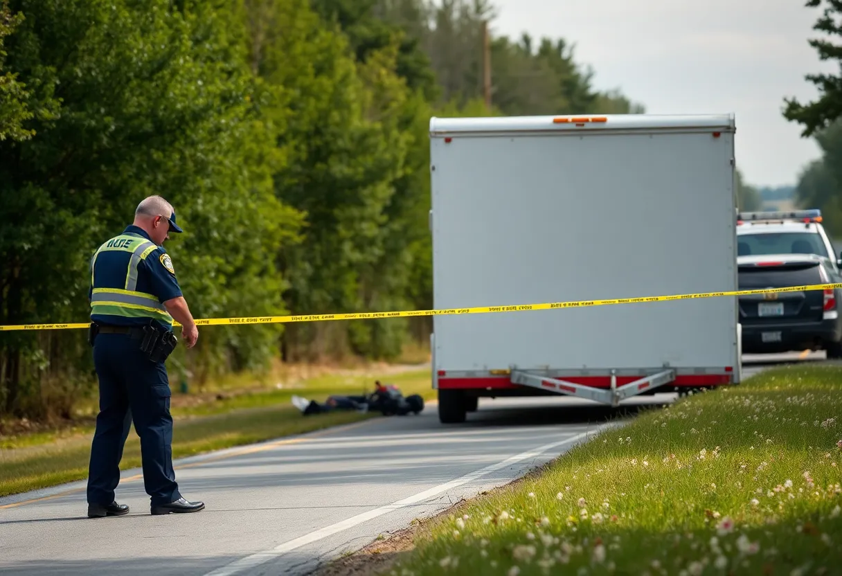 Law enforcement officer at the site of a recovered stolen trailer in Laurens County