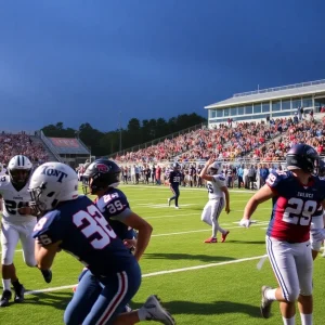 High school football players in action during a game in South Carolina