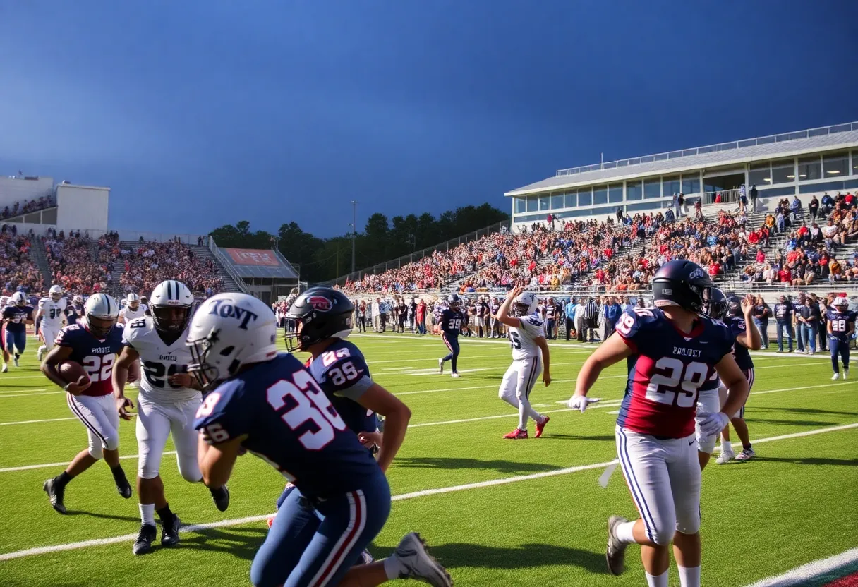 High school football players in action during a game in South Carolina