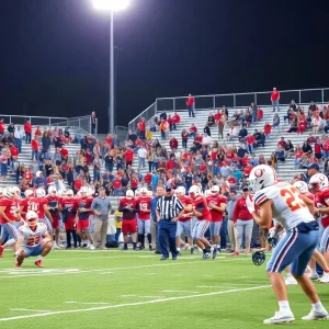 Players in a South Carolina high school football game with fans in the background