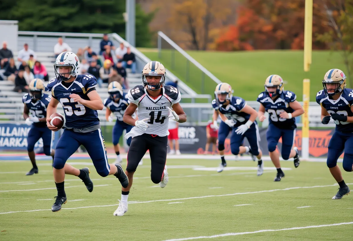 Players in a South Carolina high school football game with fans in the background