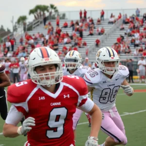 High school football players in action during a game in South Carolina.