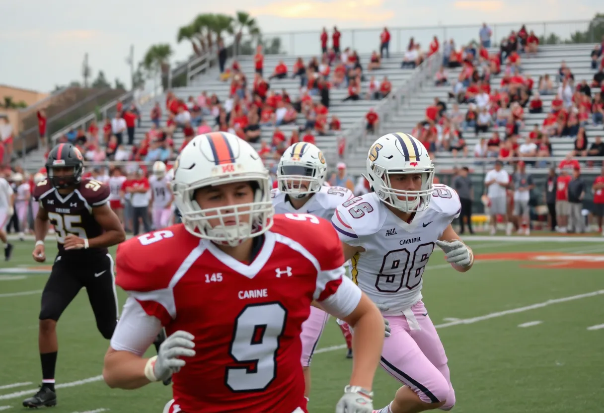 High school football game in South Carolina with fans cheering
