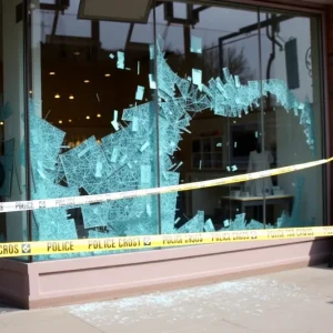 Storefront of Tapestry Inc. boutique with broken glass after a break-in.