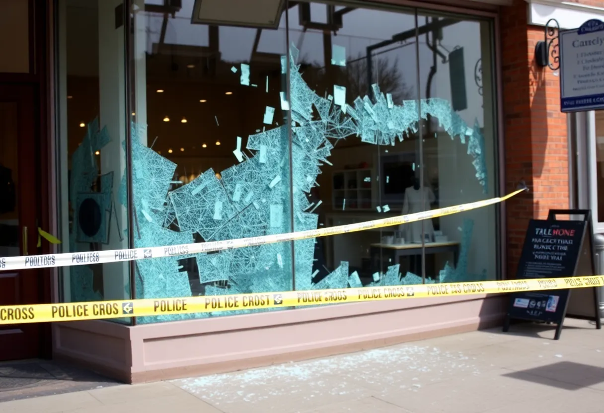 Storefront of Tapestry Inc. boutique with broken glass after a break-in.