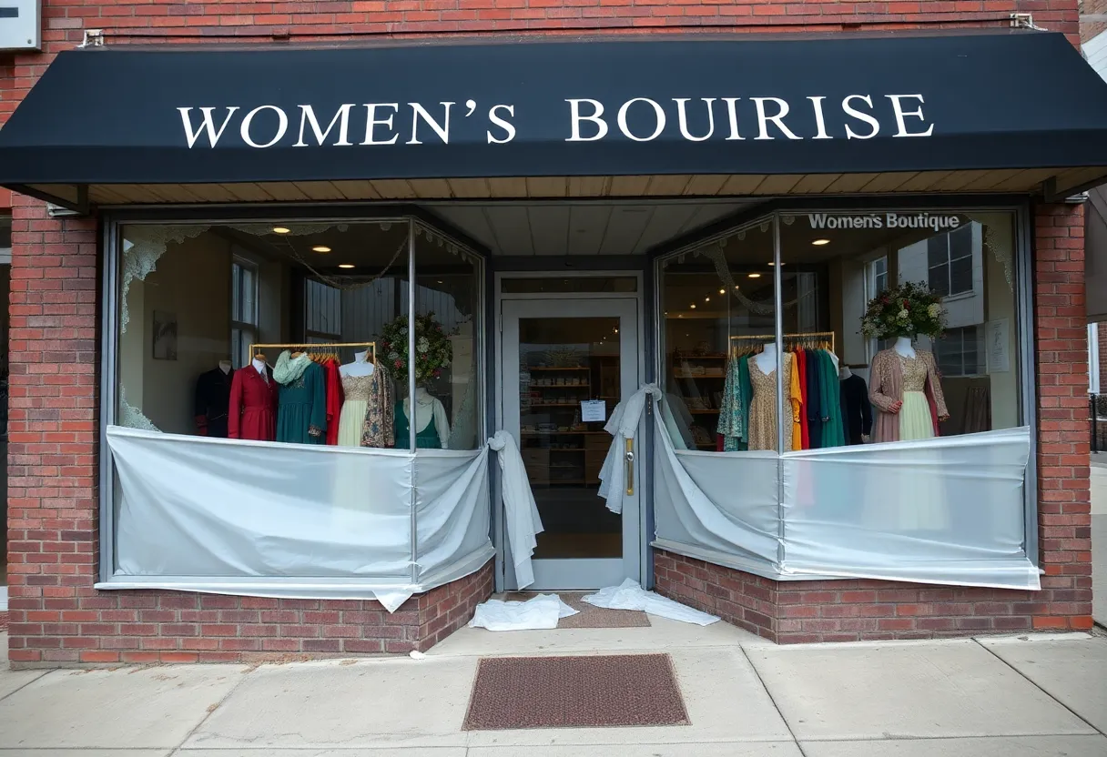 Front view of Tapestry Inc. boutique showing damage after break-in