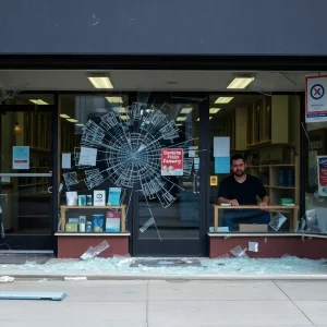 Broken storefront of Tapestry Inc. with shattered glass and damages